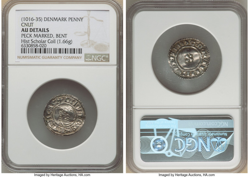 Cnut Penny ND (1016-1035) AU Details (Peck Marked, Bent) NGC, Lund mint, Unknown...