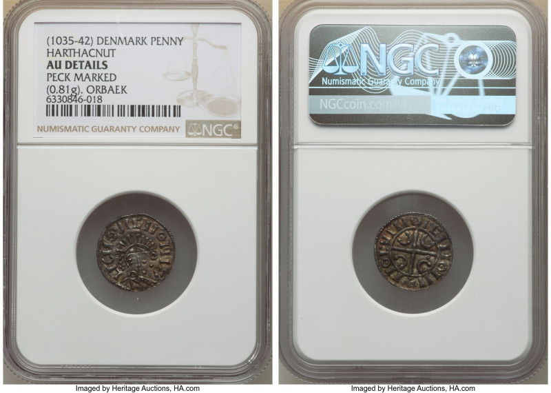 Harthacnut Danish Issue Penny ND (1035-1042) AU Details (Peck Marked) NGC, Orbae...