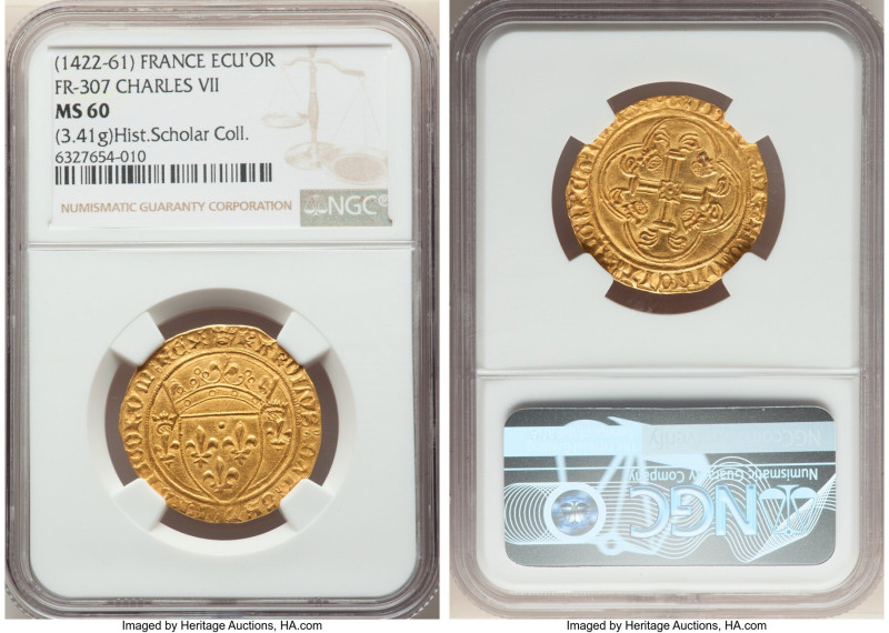 Charles VII (1422-1461) gold Écu d'Or à la couronne ND (from 1445) MS60 NGC, Mon...