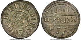 Kings of Mercia. Burgred (852-874) Penny ND Penny (852-855) AU55 NGC, S-938, N-423. 1.29gm. Dudda as moneyer. Type a (lunettes unbroken). +BVRGRED REX...