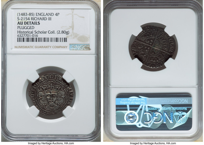 Richard III Groat (4 Pence) ND (1483-1485) AU Details (Plugged) NGC, London mint...