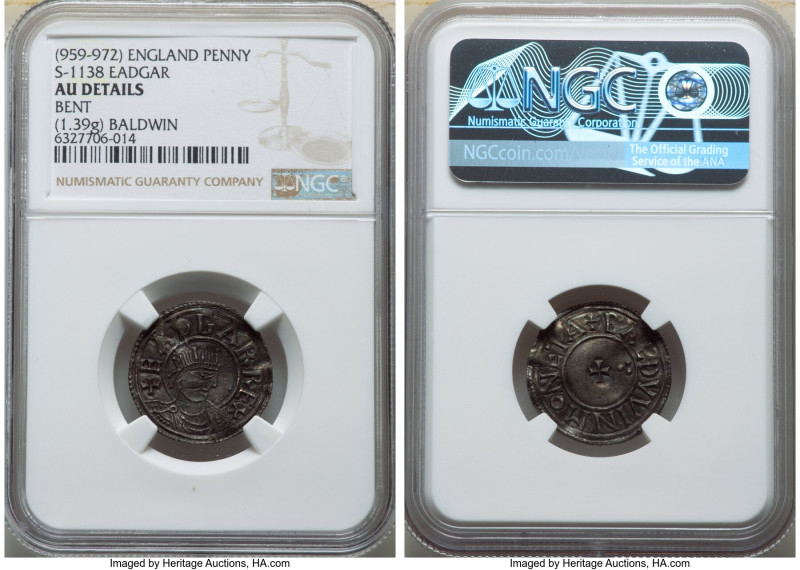 Kings of All England. Eadgar (959-975) Penny ND (959-972) AU Details (Bent) NGC,...