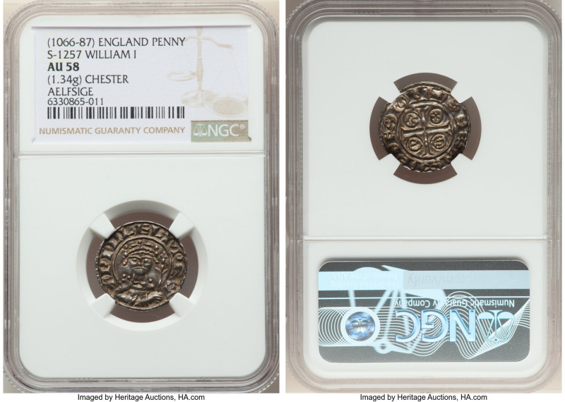 William I, the Conqueror Penny ND (1066-1087) AU58 NGC, Chester mint, Aelfsige a...