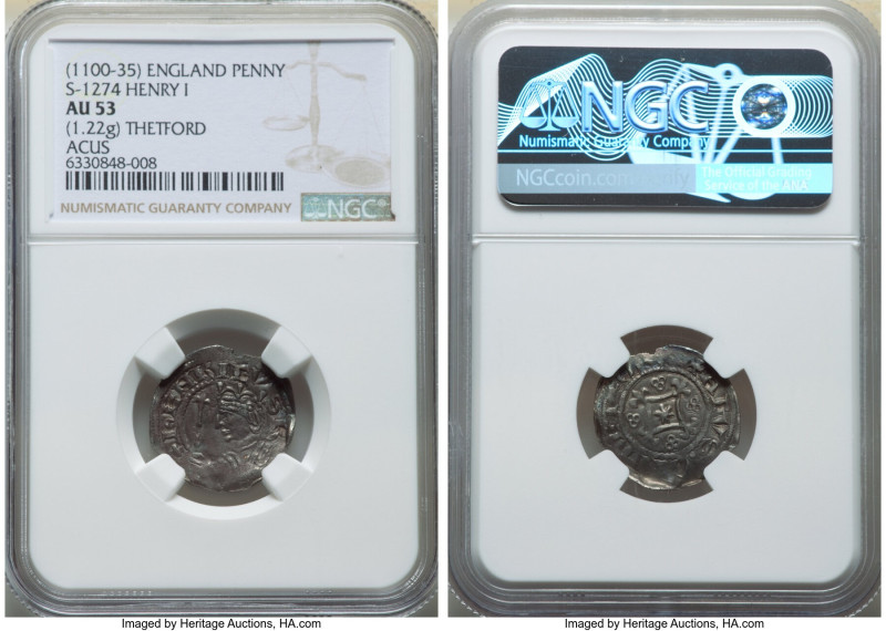 Henry I Penny ND (1100-1135) AU53 NGC, Thetford mint, Acus as moneyer, S-1274. 1...