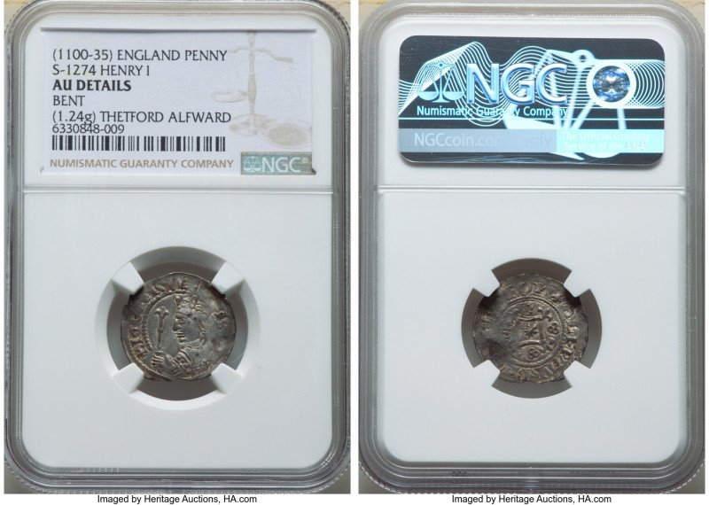 Henry I Penny ND (1100-1135) AU Details (Bent) NGC, Thetford mint, Alfward as mo...