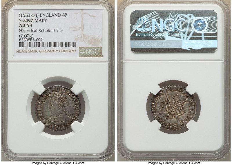 Mary (1553-1558) Groat (4 Pence) ND (1553-1554) AU53 NGC, Tower mint, Pomegranat...