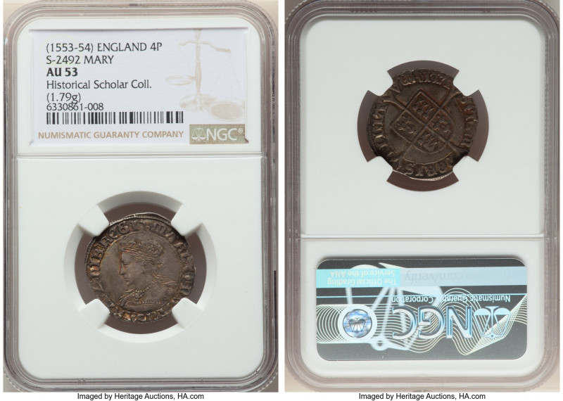 Mary (1553-1558) Groat (4 Pence) ND (1553-1554) AU53 NGC, Tower mint, Pomegranat...