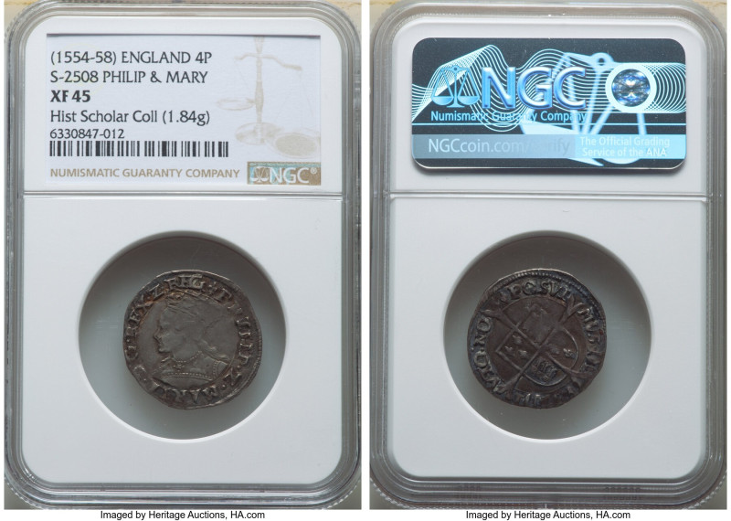 Philip II of Spain & Mary Groat (4 Pence) ND (1554-1558) XF45 NGC, Tower mint, L...