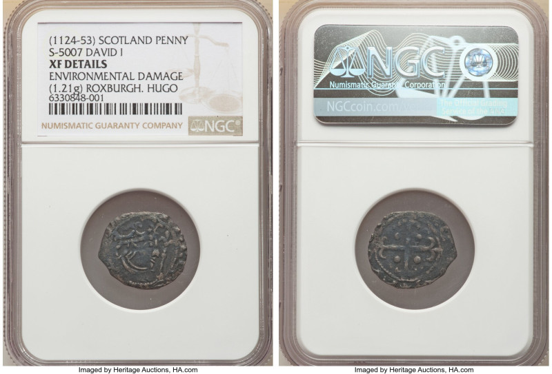 David I Penny ND (1124-1153) XF Details (Environmental Damage) NGC, Roxburgh min...