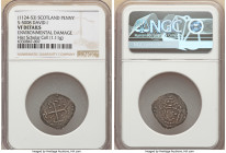 David I Penny ND (1124-1153) VF Details (Environmental Damage) NGC, S-5008. 1.11gm. Period C coinage. Crowned bust right with scepter / cross fleury, ...