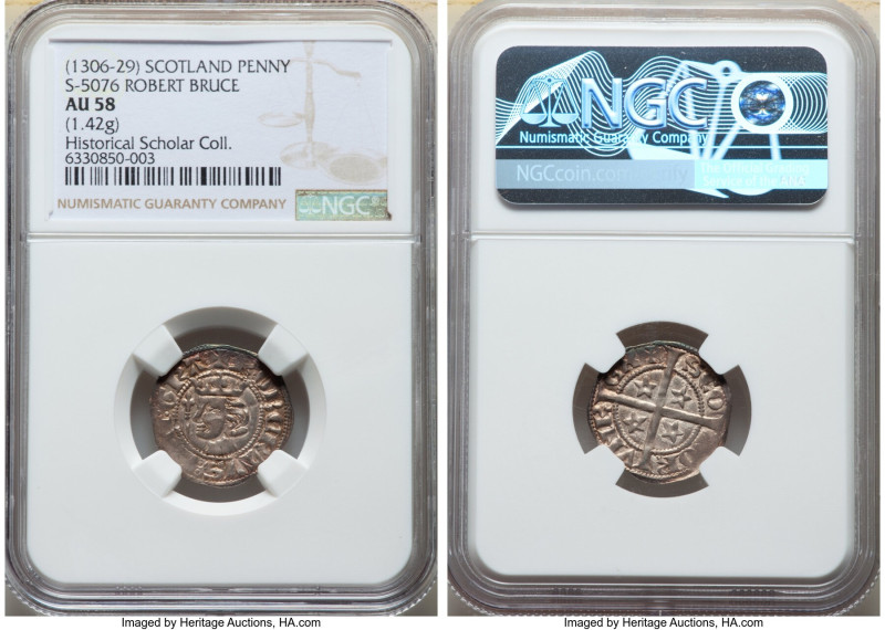 Robert the Bruce Penny ND (1306-1329) AU58 NGC, S-5076. 1.42gm. Crowned bust lef...