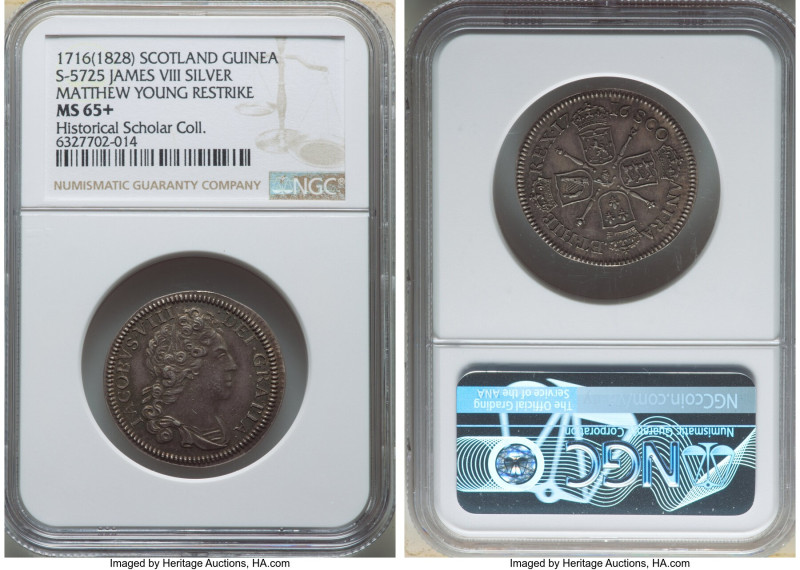 James VIII silver Restrike Guinea 1716-Dated (1828) MS65+ NGC, KM-XPT4a, S-5725....