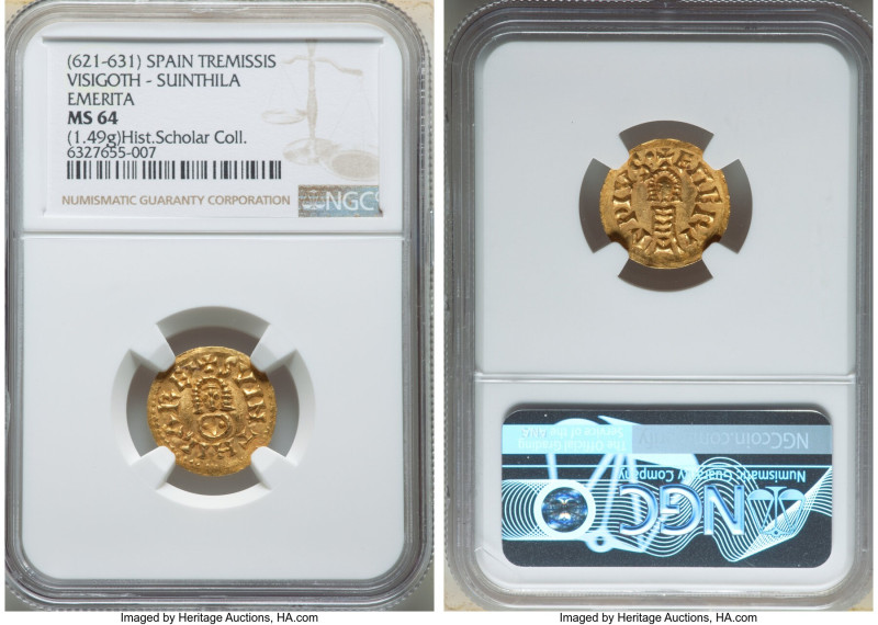 Visigoths. Suinthila gold Tremissis ND (621-631) MS64 NGC, Emerita mint, Miles-2...