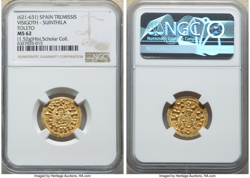 Visigoths. Suinthila gold Tremissis ND (621-631) MS62 NGC, Toledo mint, CNV-298....