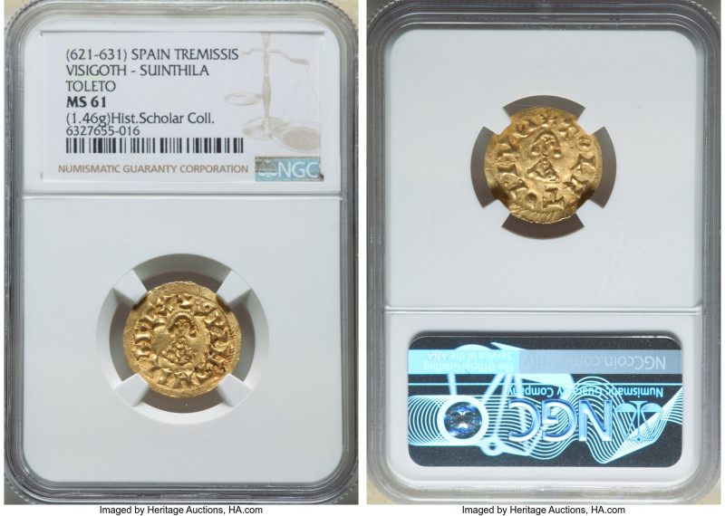 Visigoths. Suinthila gold Tremissis ND (621-631) MS61 NGC, Toledo mint, Miles-22...