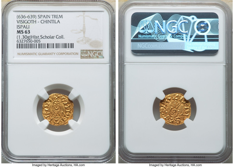 Visigoths. Chintila gold Tremissis ND (636-639) MS63 NGC, Ispali mint, Chaves-24...