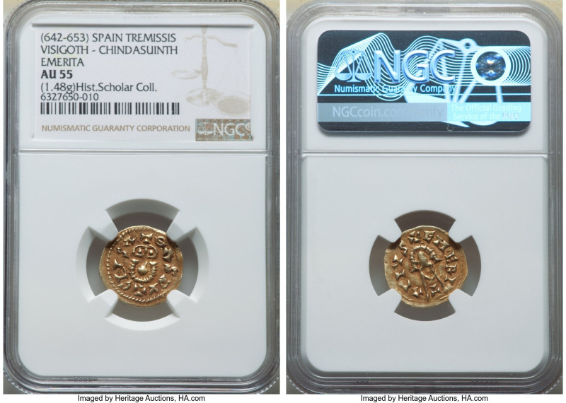 Visigoths. Chindasuinth gold Tremissis ND (642-653) AU55 NGC, Emerita mint, Mile...