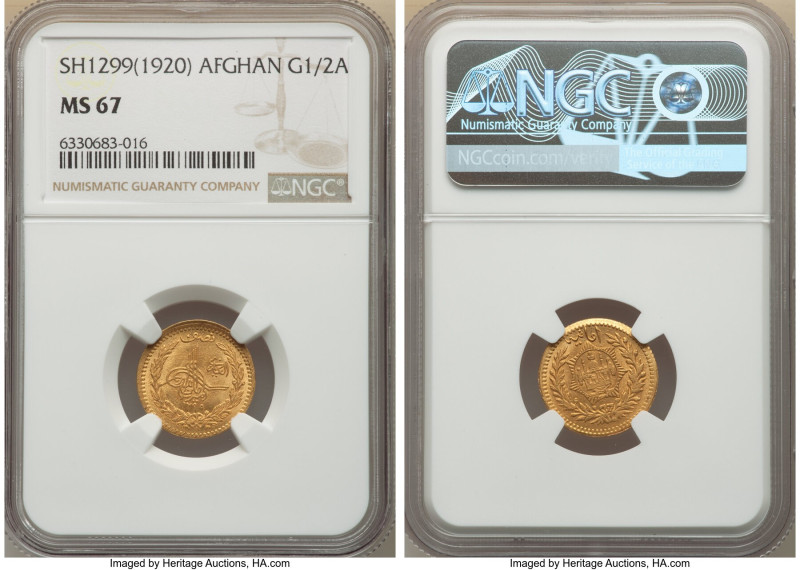 Amanullah gold 1/2 Amani SH 1299 (1920) MS67 NGC, Kabul mint, KM886. Immensely b...