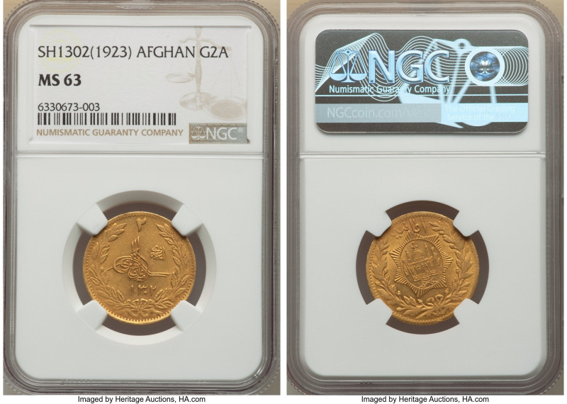 Amanullah gold 2 Amani SH 1302 (1923) MS63 NGC, Kabul mint, KM888. A lightly sub...