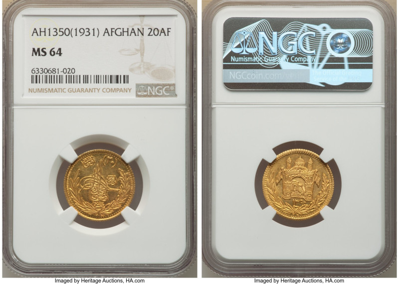 Muhammed Nadir Shah gold 20 Afghanis 1350(1931) MS64 NGC, Afghanistan mint, KM92...