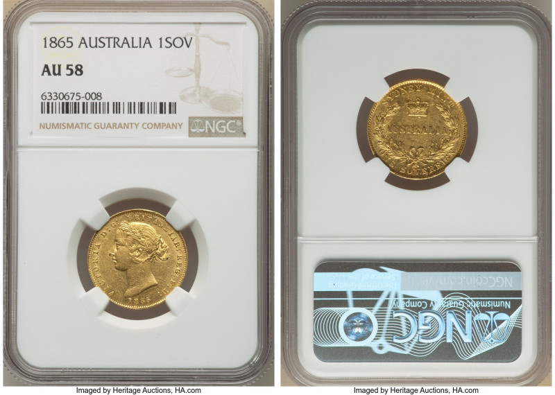 Victoria gold Sovereign 1865-(sy) AU58 NGC, Sydney mint, KM4, Marsh-A370. AGW 0....