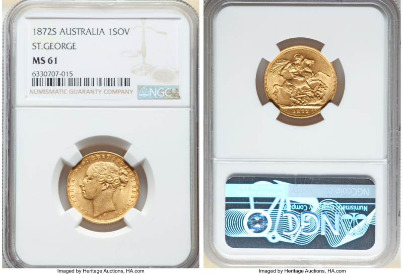 Victoria gold "St. George" Sovereign 1872-S MS61 NGC, Sydney mint, KM7, Marsh-11...