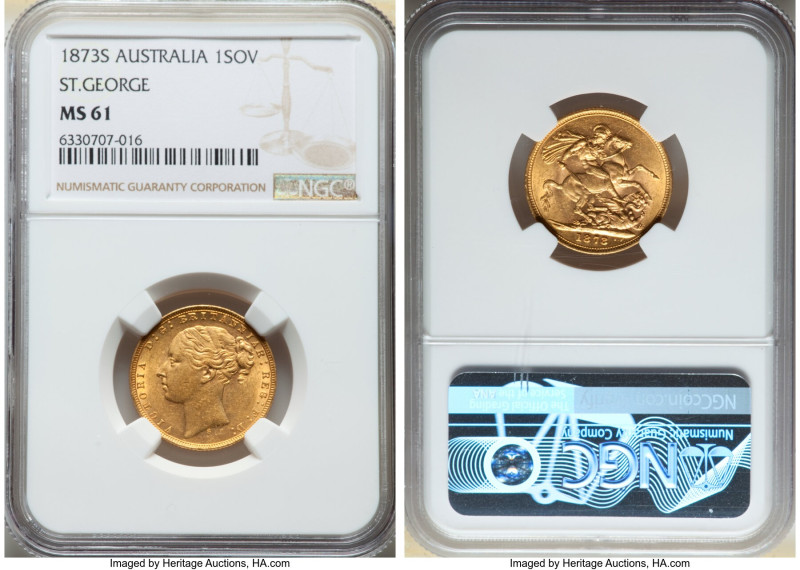Victoria gold "St. George" Sovereign 1873-S MS61 NGC, Sydney mint, KM7, Marsh-11...
