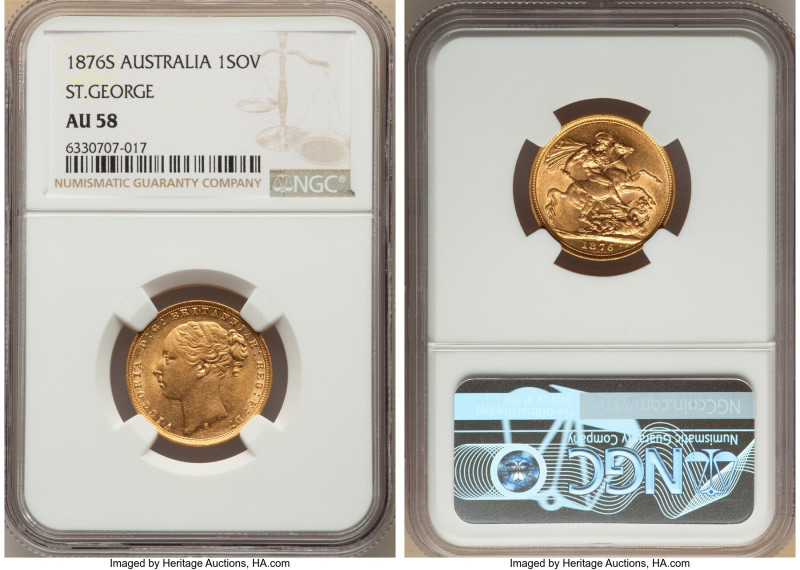 Victoria gold "St. George" Sovereign 1876-S AU58 NGC, Sydney mint, KM7. 

HID098...