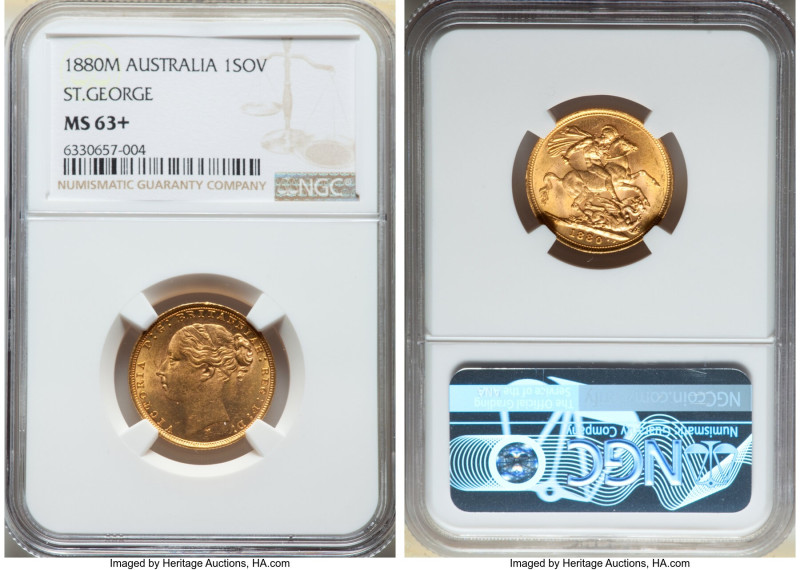 Victoria gold "St. George" Sovereign 1880-M MS63+ NGC, Melbourne mint, KM7, Mars...