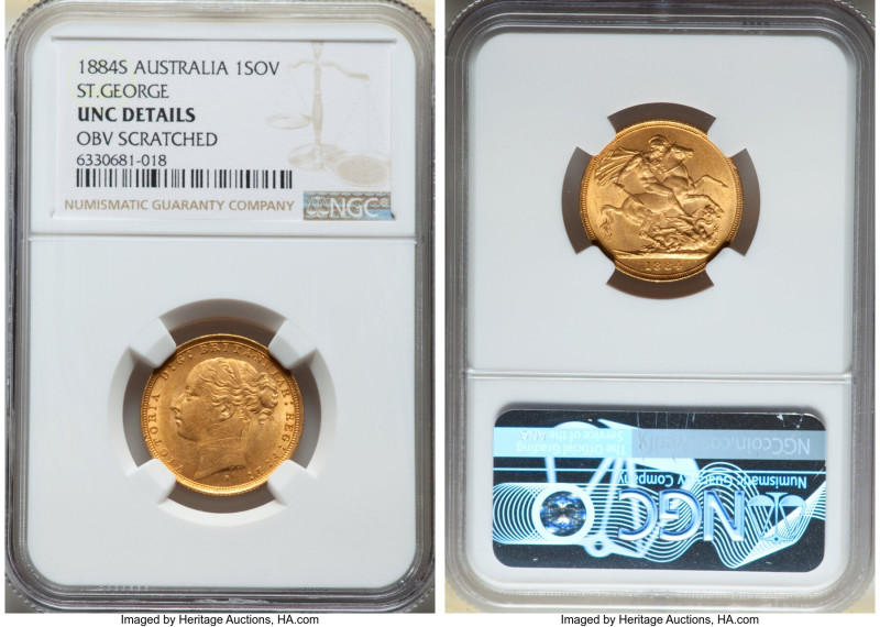 Victoria gold "St. George" Sovereign 1884-S UNC Details (Obverse Scratched) NGC,...