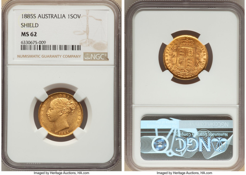 Victoria gold "Shield" Sovereign 1885-S MS62 NGC, Sydney mint, KM6. 

HID0980124...