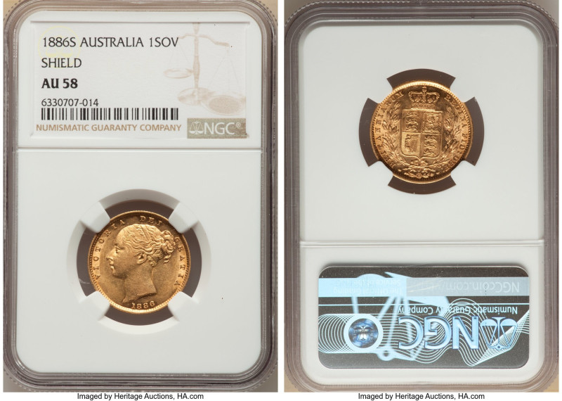 Victoria gold "Shield" Sovereign 1886-S AU58 NGC, Sydney mint, KM6. 

HID0980124...