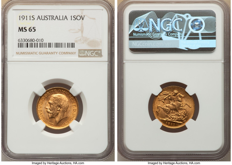 George V gold Sovereign 1911-S MS65 NGC, Sydney mint, KM29. Tied for NGC's "top ...