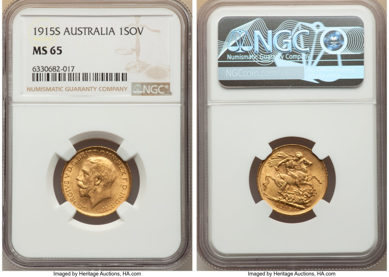 George V gold Sovereign 1915-S MS65 NGC, Sydney mint, KM29. Tied for NGC's "top ...