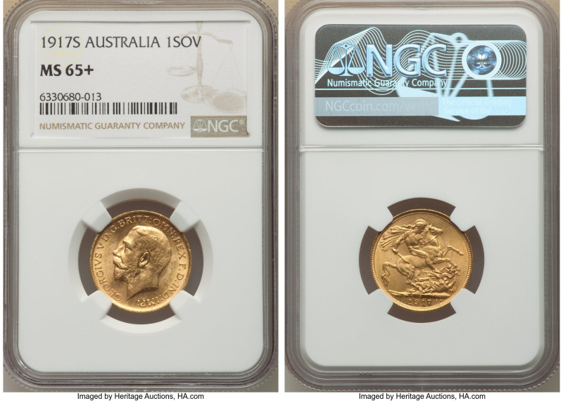George V gold Sovereign 1917-S MS65+ NGC, Sydney mint, KM29, Marsh-277. Presentl...