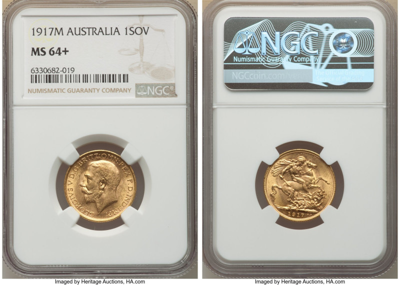 George V gold Sovereign 1917-M MS64+ NGC, Melbourne mint, KM29, Marsh-235. AGW 0...