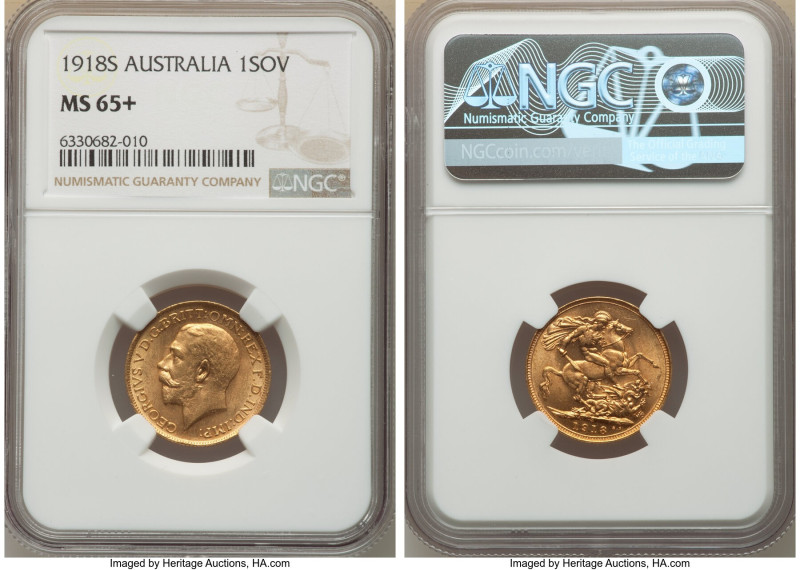 George V gold Sovereign 1918-S MS65+ NGC, Sydney mint, KM29, Marsh-278. AGW 0.23...