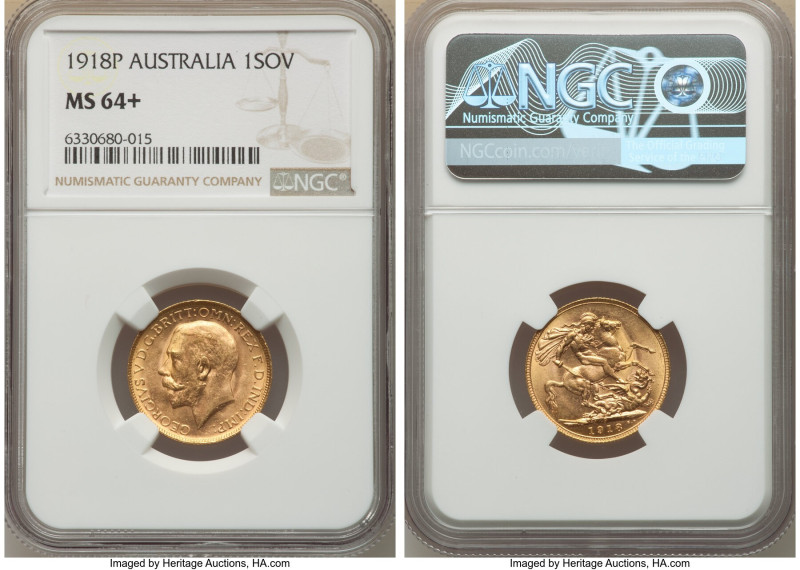 George V gold Sovereign 1918-P MS64+ NGC, Perth mint, KM29, Marsh-257. AGW 0.235...