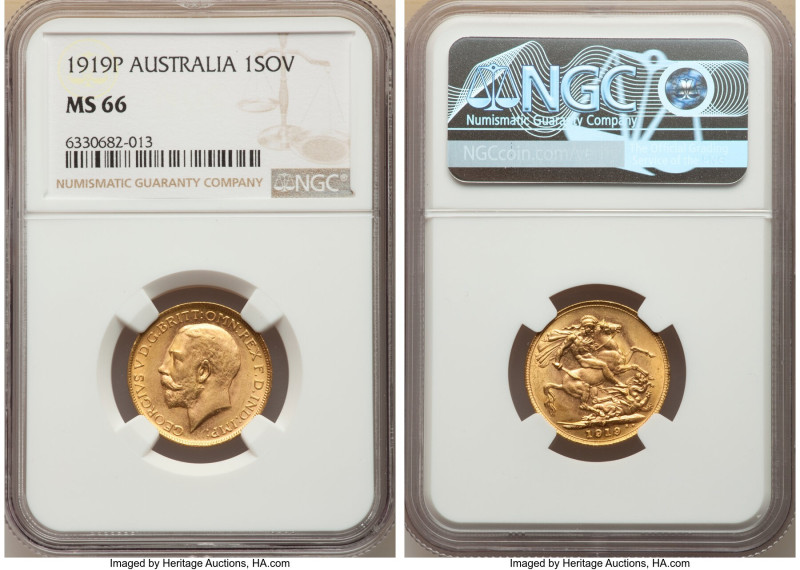 George V gold Sovereign 1919-P MS66 NGC, Perth mint, KM29. NGC's "top pop." 

HI...