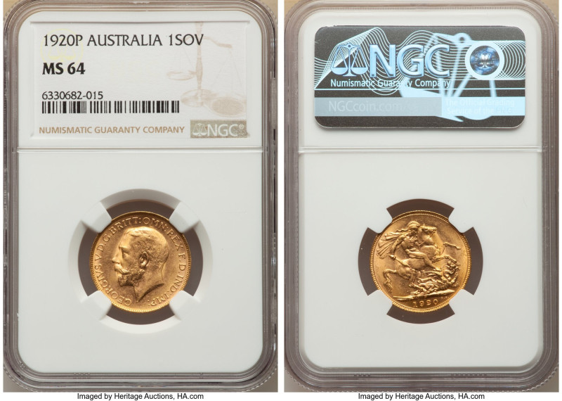 George V gold Sovereign 1920-P MS64 NGC, Perth mint, KM29. Tied for the second-f...