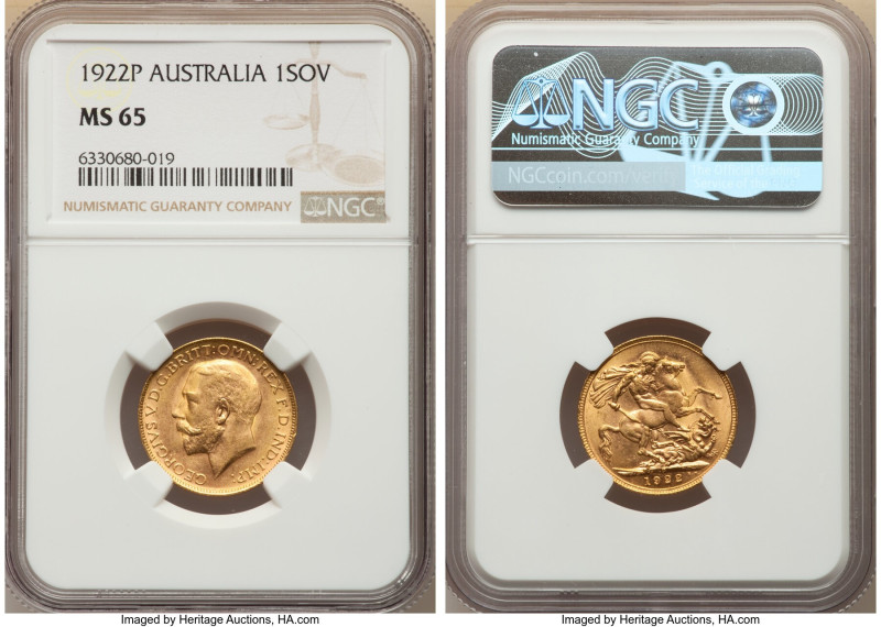 George V gold Sovereign 1922-P MS65 NGC, Perth mint, KM29. Another conditional o...