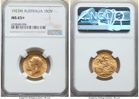 George V gold Sovereign 1923-M MS65+ NGC, Melbourne mint, KM29, Marsh-241. Currently unchallenged at this certified grade level. Satiny surfaces in bu...