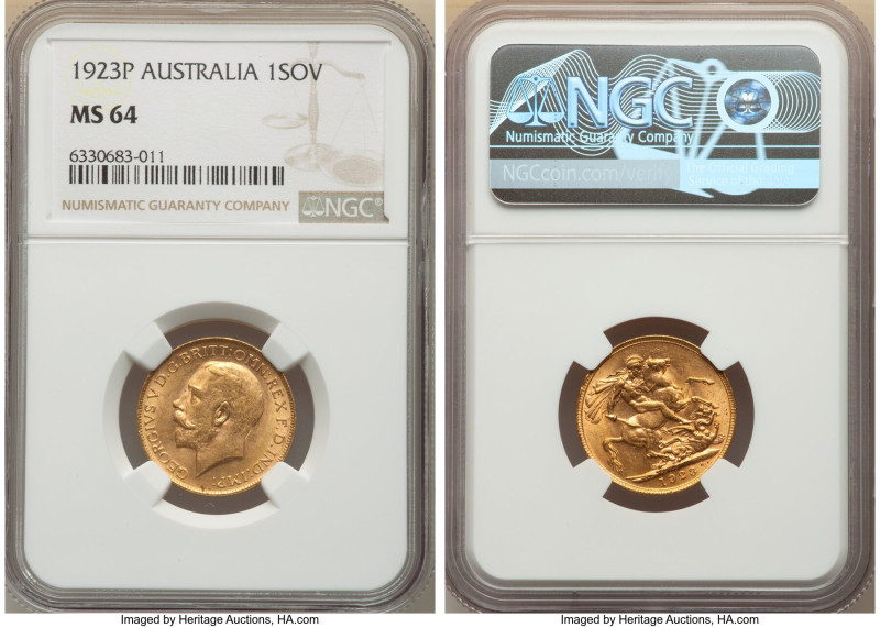 George V gold Sovereign 1923-P MS64 NGC, Perth mint, KM29. Booming luster abound...