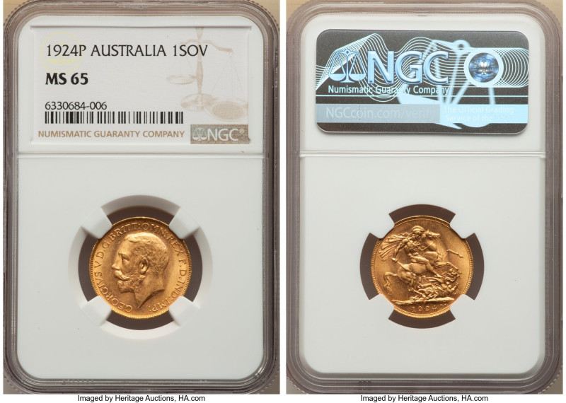 George V gold Sovereign 1924-P MS65 NGC, Perth mint, KM29. A conditionally chall...