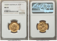 George V gold Sovereign 1925-M MS65 NGC, Melbourne mint, KM29. This coin is one of 3 graded Top Pop MS65 by NGC, and it is clear to see why. The flatn...