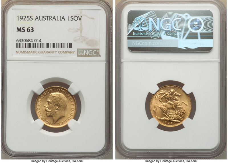 George V gold Sovereign 1925-S MS63 NGC, Sydney mint, KM29. A strongly detailed ...