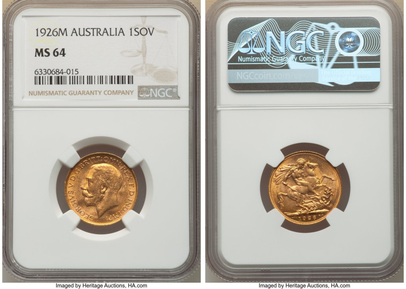 George V gold Sovereign 1926-M MS64 NGC, Melbourne mint, KM29. Sharply struck, w...