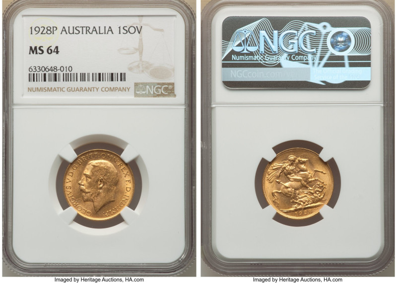 George V gold Sovereign 1928-P MS64 NGC, Perth mint, KM29. An iconic coin at a p...