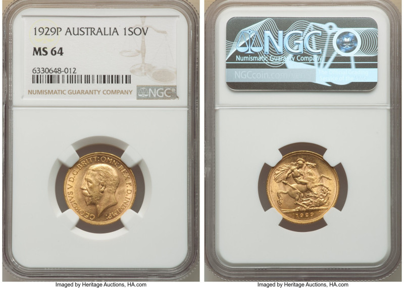 George V gold Sovereign 1929-P MS64 NGC, Perth mint, KM32. A splendid example of...