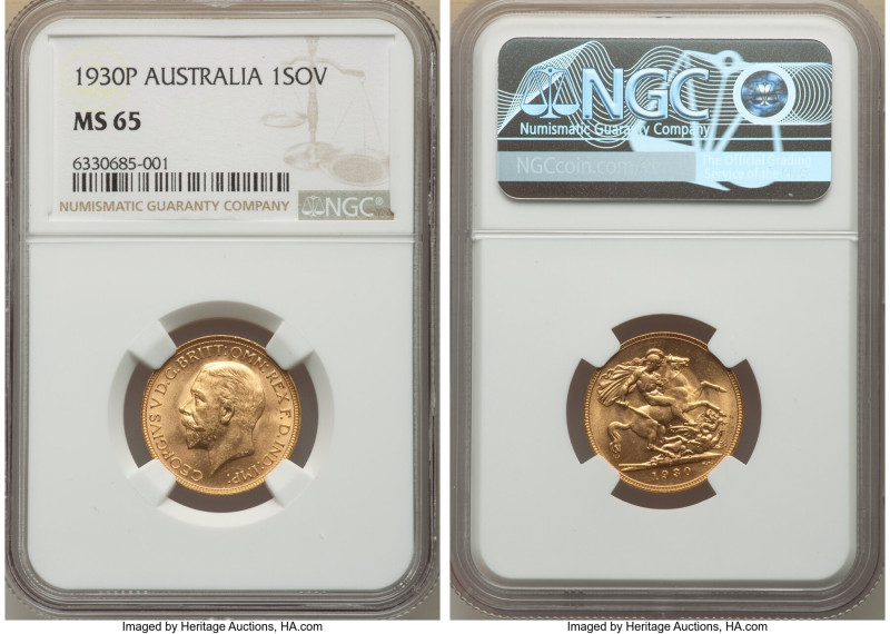 George V gold Sovereign 1930-P MS65 NGC, Perth mint, KM32. This splendid example...